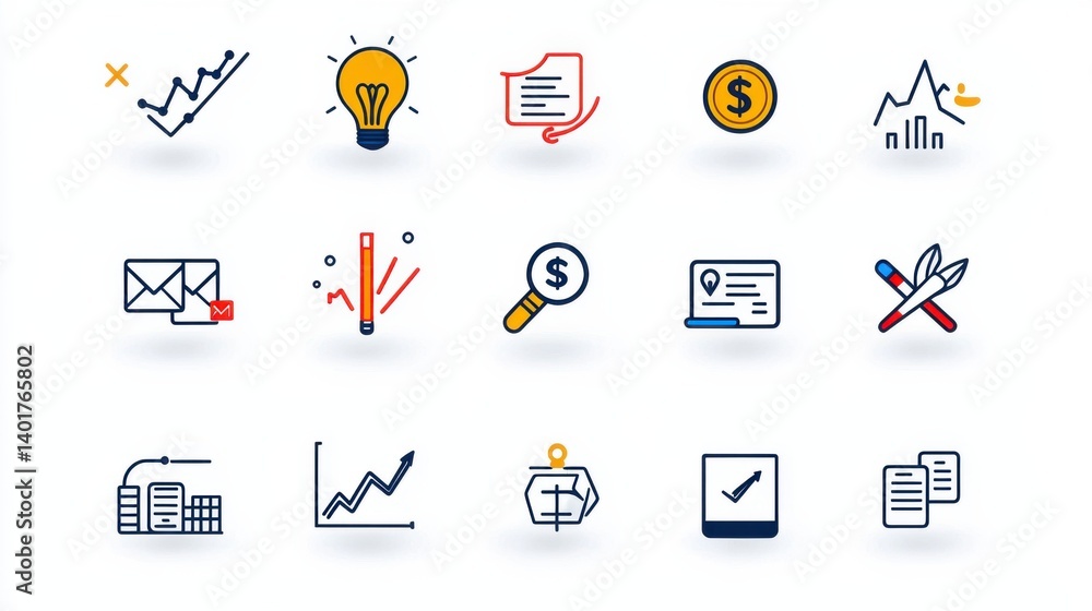 Poster a collection of customizable stroke based icons representing various financial planning and business