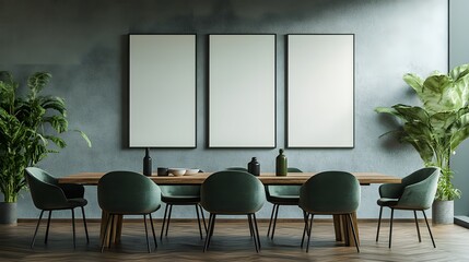 Fototapeta premium Modern 3D rendered dining room in minimalist style featuring two empty poster frames on a soft wall background, ideal for artwork display and branding mockups 