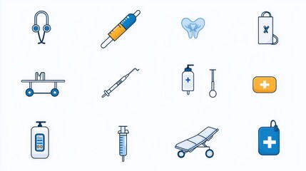 Fototapeta premium A collection of various medical and healthcare related icons including emergency equipment clinical tools and symbols for diagnosis treatment and patient care represented in a minimalist