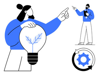 Person holding a light bulb with leaves inside, another person discussing ideas, and a gear inside a recycling symbol. Ideal for teamwork, innovation, strategy, sustainability, business development