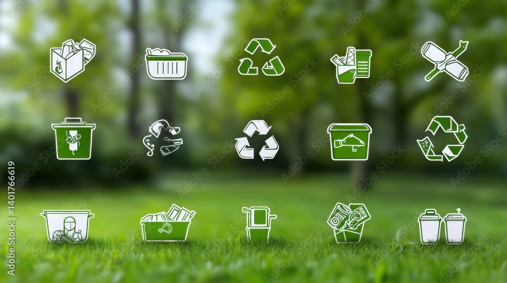 Poster a set of minimalist icons representing various waste sorting and recycling concepts designed to prom