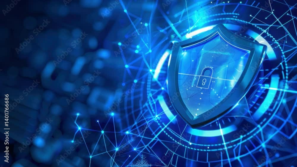 Poster digital shield symbol of cybersecurity with padlock and network connections for data protection and 