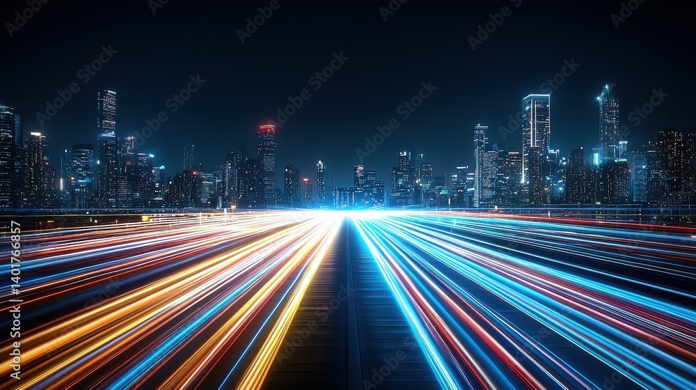 Poster a dazzling nighttime cityscape with towering skyscrapers and a high speed highway lined with dynamic