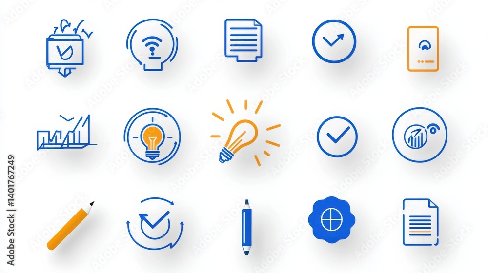 Poster a set of fifteen icons representing various management and workflow related concepts for business pr
