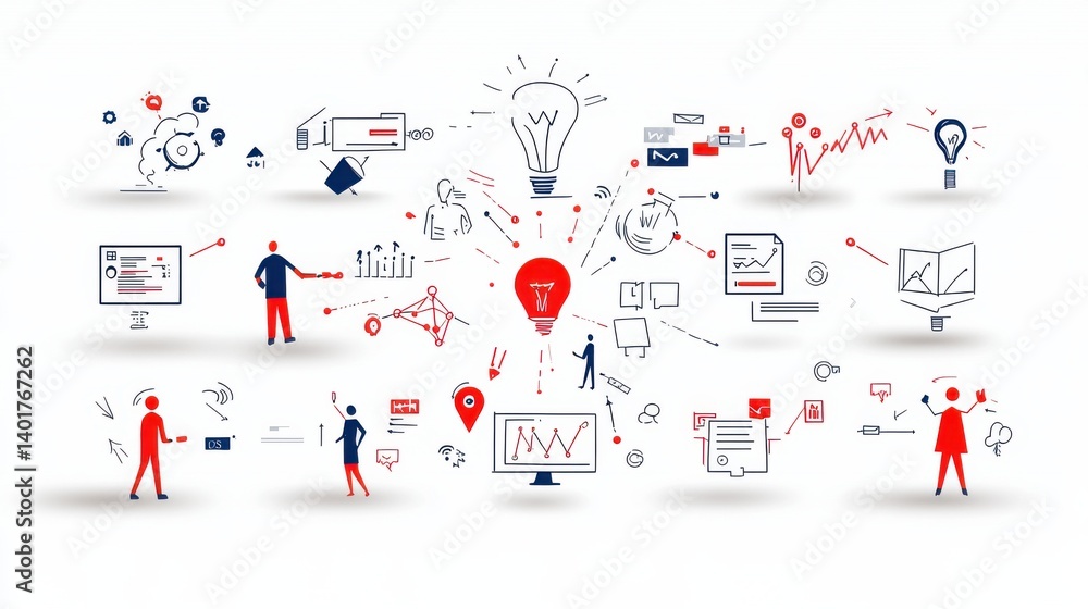 Poster a visual featuring a variety of icons and graphical elements related to management data analysis and