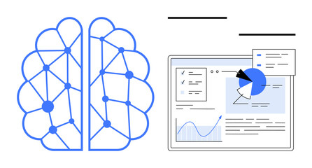 Brain network connections next to data visualizations on a digital dashboard, featuring a pie chart, graph, and interface elements. Ideal for AI, machine learning, data science, analytics