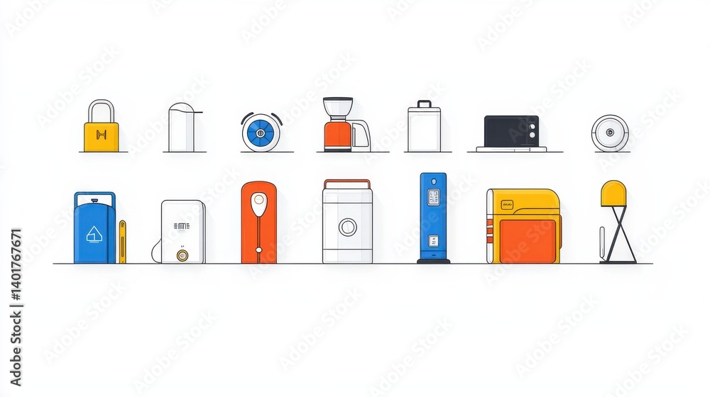 Poster a collection of conceptual icons representing various household technologies and smart devices for m