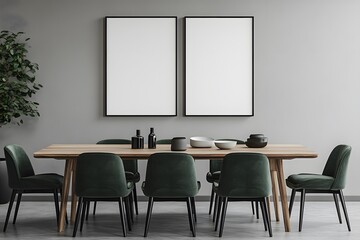 Fototapeta premium Blank posters on wall in clean minimalist dining space, perfect 3D rendering for product presentation, wall art previews, or interior scene mockups 