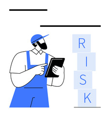 Worker wearing uniform and cap examines a tablet near blocks spelling RISK, symbolizing evaluation, safety, and planning. Ideal for risk assessment, workplace safety, strategy, problem-solving