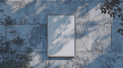 Framed blank canvas on a textured concrete wall dappled with sunlight and shadowed by nearby foliage.