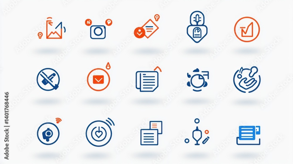 Poster a set of clean minimalist icons representing various aspects of group organizational processes