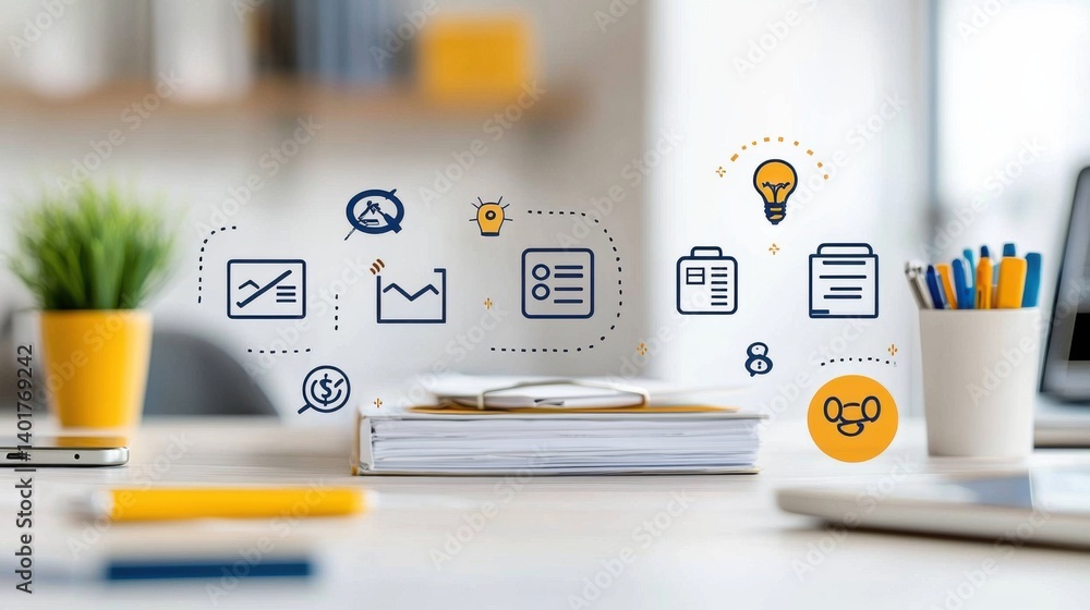 Poster an organized and minimalist office desk workspace featuring various icons representing business fina