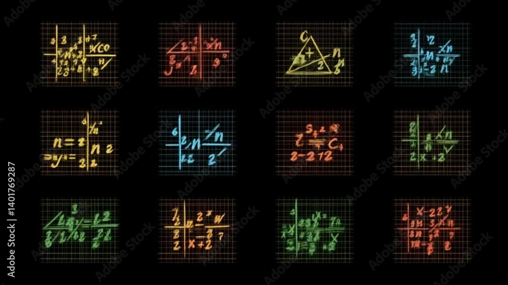 Poster colorful mathematical formulas arranged on a grid background generative ai