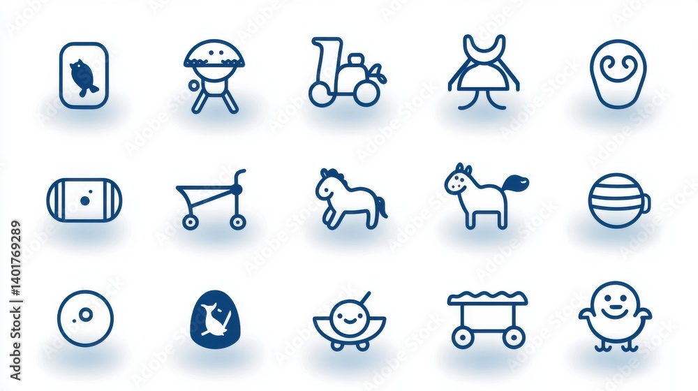 Poster a set of clean and simple icons representing elements associated with childhood nursery and playtime