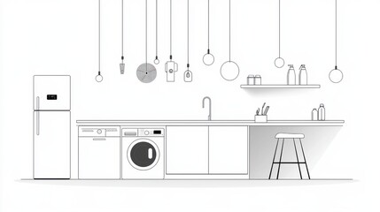 A sleek and organized kitchen featuring a range of modern appliances stylish furniture and minimalist decor for a cohesive and functional living space