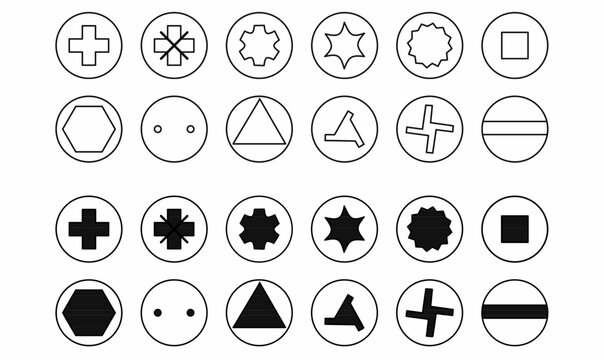 Set of screw head and screwdriver bit icons in outline and solid style. Includes Torx, flat, cross, hex, triangle. Great for tools, UI, infographics, and apps.