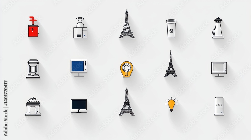 Poster a set of minimalist thin line icons representing various smart home technologies and appliances incl