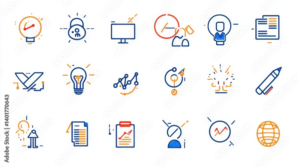 Poster a collection of versatile icons representing various aspects of startup and organization management 