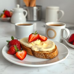 Tostadas con crema de queso. Fresa. Café.