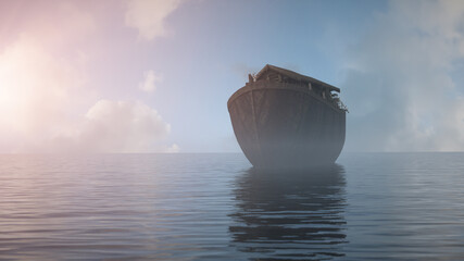 Bible story Noah's Ark floats on water in the middle of a flood 3d render