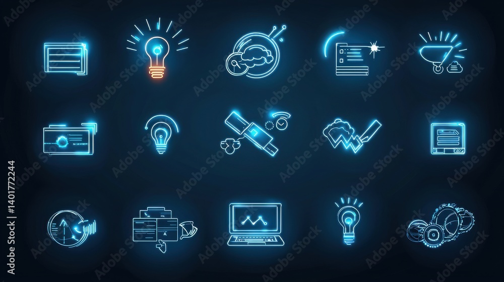 Poster a collection of 15 futuristic thin line icons representing various aspects of technology innovation 