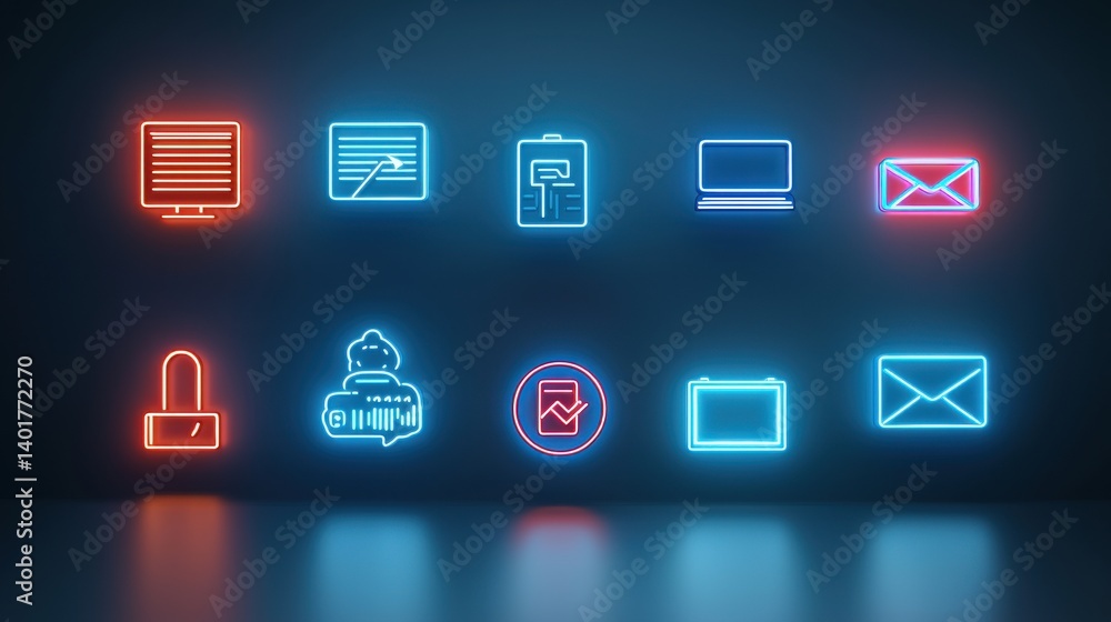 Poster a set of minimalist neon styled icons representing various digital and technological elements in a f