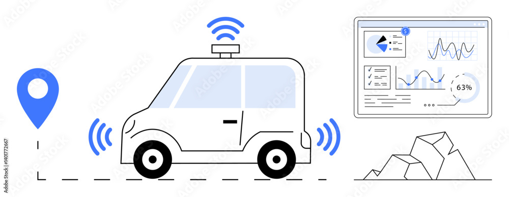 Poster self-driving car with gps tracker, wireless signals, and data analytics dashboard for monitoring. id