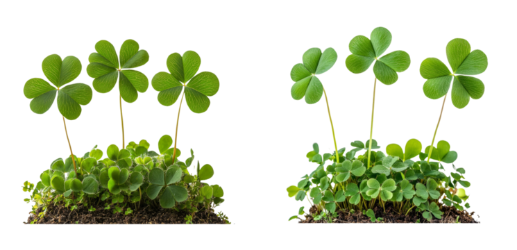 Green Four Leaf and Three Leaf Clovers on Natural Background