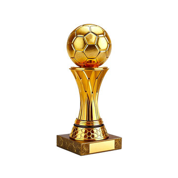 A close-up shot of a gleaming golden trophy shaped like a soccer ball Golden world cup trophy with intricate details and pedestal isolated on transparent background