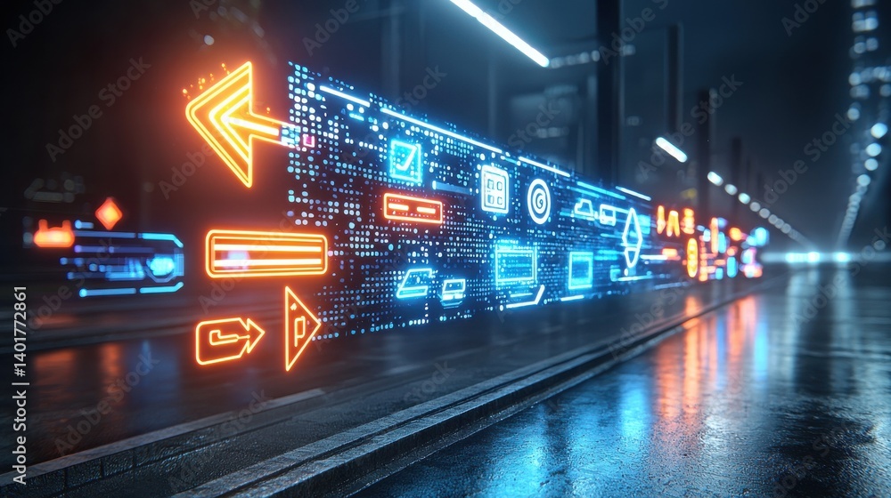 Poster a dynamic neon illuminated urban scene showcasing a futuristic radiant arrow directing the viewer s 