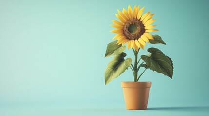 Obraz premium Single Sunflower in Terracotta Pot Against a Blue Background