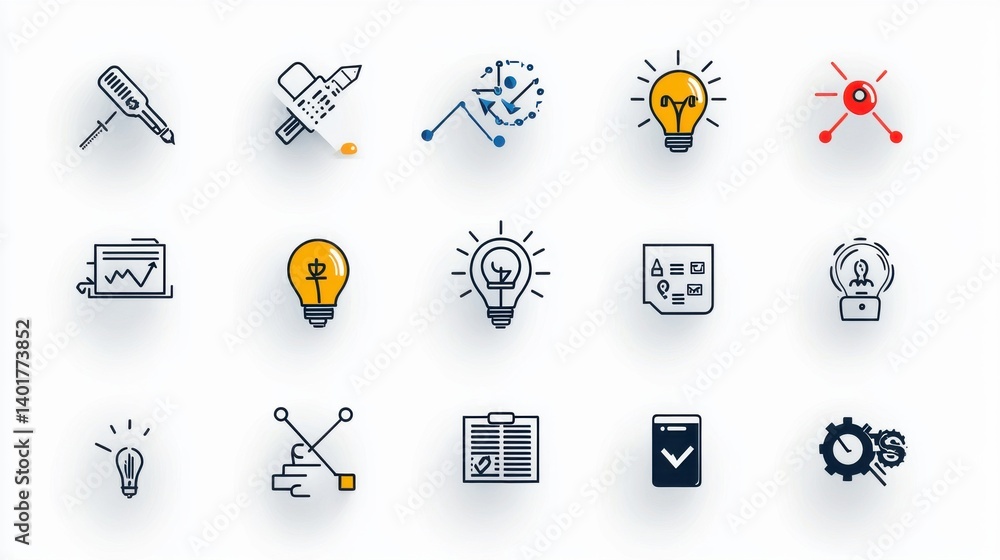 Poster a comprehensive set of 15 outline icons representing various concepts related to creativity technolo
