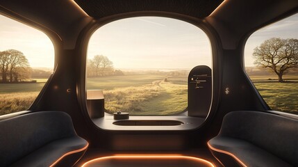 Fototapeta premium Elevated, modern vehicle interior with panoramic countryside views. Relaxing, spacious cabin