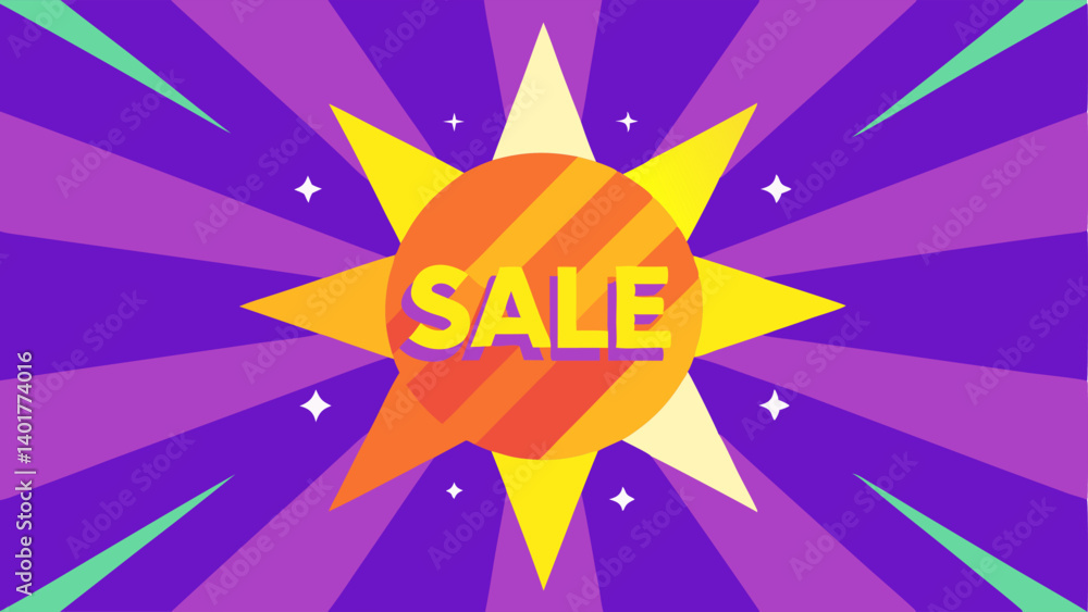 Poster light burst background a sale sign surrounded by rays of colorful light beams in a gradient of purpl