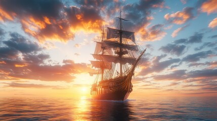 Obraz premium Golden Sunset, Antique Ship at Sea