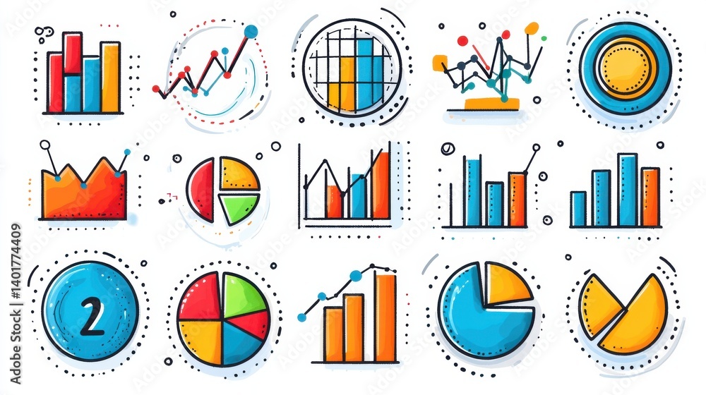 Poster collection of various data visualization icons and infographic elements such as pie charts bar graph