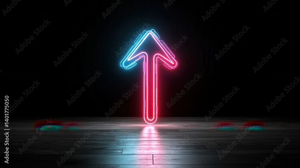 Poster a bright glowing neon arrow pointing upwards against a dark background creating a futuristic and tec