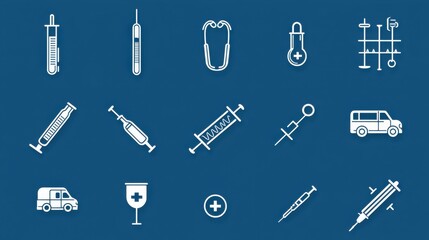 Obraz premium This image showcases a set of outline icons representing different medical and hospital related equipment tools and symbols including syringes thermometers stethoscopes bandages