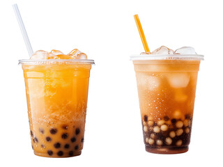 two bubble tea drinks with tapioca pearls on white background