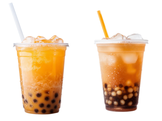 two bubble tea drinks with tapioca pearls on white background