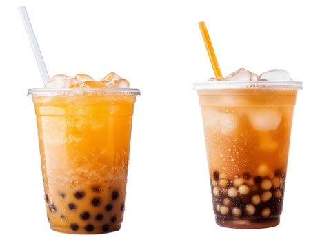 two bubble tea drinks with tapioca pearls on white background