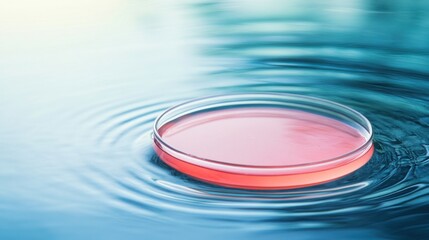 A transparent petri dish floating in blue rippling water