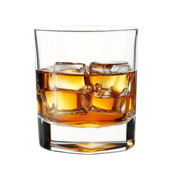 whiskey with ice cubes in glass, on white background.