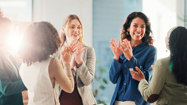 Happy women, meeting and applause with congratulations for achievement or winning at office. Female people, group or team clapping with smile for accomplishment, completion or finished together