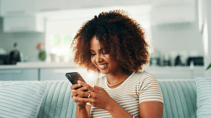 Dating app, smile or woman texting with phone in home on social media application and subscription....