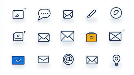 A collection of minimalist outline icons representing various email and messaging functions including sending receiving replying forwarding and more