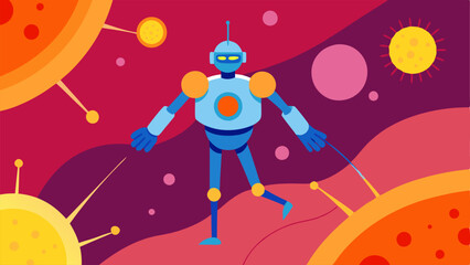 Navigating Cells A scene where a nanobot is maneuvering between cells in a vibrant colorful representation of human tissue with a focus on its agile design.