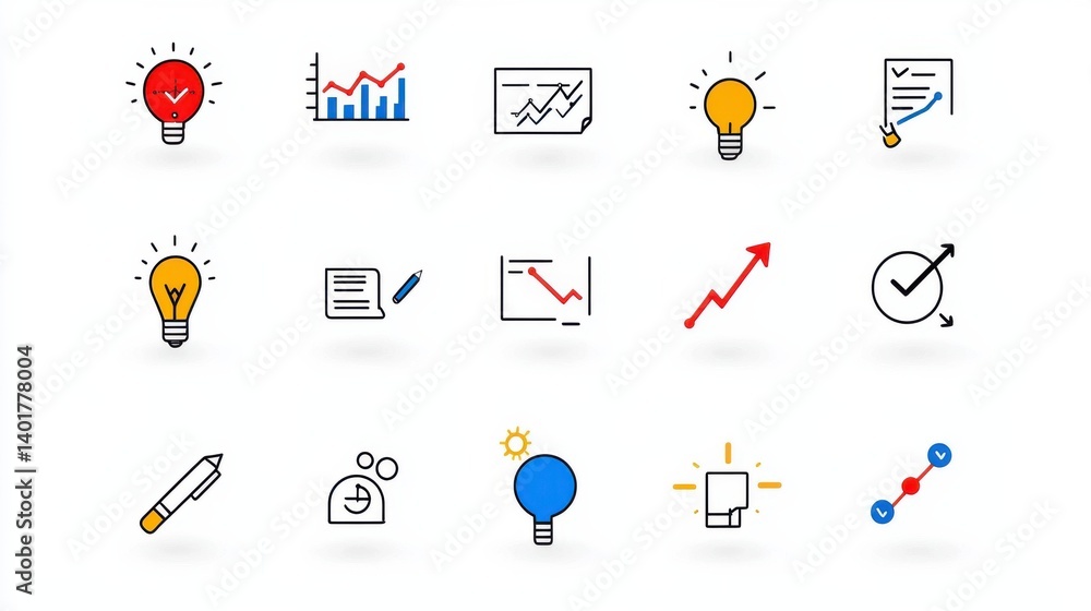 Poster a set of minimalist outline icons depicting different elements of management including data analysis