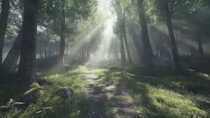 Obraz premium Sunbeams on a misty forest path