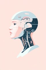 Robot Beautiful woman profile illustration with floral hair design